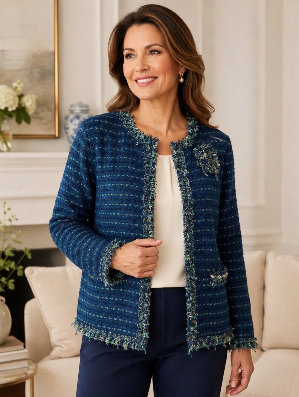 NWT Karen Scott Petite Large Blue Tweed Knit Fringe Blazer Cardigan Jacket